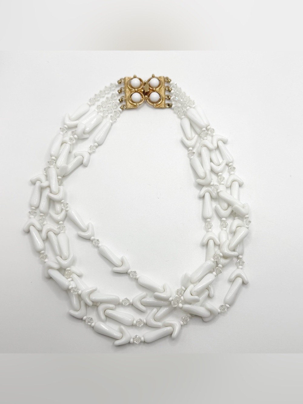 Vintage 4 Strand White Milk Glass Necklace Ornate Clasp